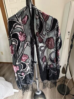 100% Silk Velvet Burnout Floral Scarf Shawl Wrap Fringe 21x70